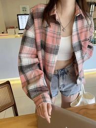 Women's Blouses Long Check Oversized Blouse Women 2023 Spring Fashion Comfortable Loose Cotton Casual Plaid Shirt Top Turn Down Collar