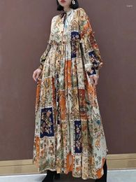 Casual Dresses Retro Spring Europe And America Long-sleeved Fashion Printing Color Matching Shirt Dress Loose Plus Size Long Skirt