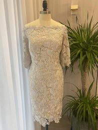 2023 Cheap Mother off bride dresses Silver Illusion Half Sleeve Plus Size Lace Sheath Knee Length Off Shoulder Women Formal Mothers Gowns Real Image