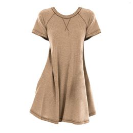 Casual Dresses Round Neck Short Sleeve Dress Fashion Pullover Solid Pocket Middress Womens Long Loose T Shirt