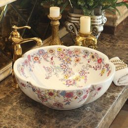Jingdezhen Bathroom ceramic sink wash basin Counter Top Wash Basin Sinks black porcelain vessel flower shapegood qty Gawfp