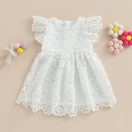 Girl Dresses 2023-05-19 Lioraitiin 0-5Years Toddler White Dress Flying Sleeve Crewneck Lace Floral Beach Princess Clothes