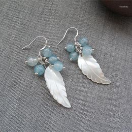 Dangle Earrings Natural Shell Blue Crystal Leaves Long Female Temperament Fashion Eardrop Of Restoring Ancient Ways Is Cute