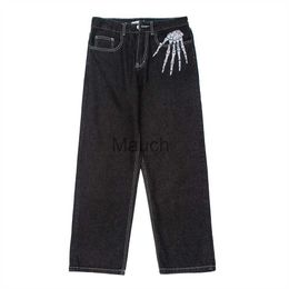 Men's Jeans 2021 Dark Streetwear Skeleton Embroidery Punk Bla Men Hip Hop Jeans Pants Straight Casual Wide Denim Trousers Pantalons Capris J230626