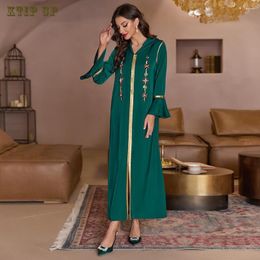 Ethnic Clothing Muslim Fashion Jilbab Jellaba Femme Dark Green Flare Sleeve Front Split Aristocratic Gown Dubai Party Banquet Rhinestone