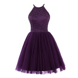 High Neck Short Homecoming Dresses Vestidos De Festa Sexy Backless Pearls Tulle Graduation Birthday Party Gowns