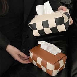 Tissue Boxes Napkins Checkerboard Woven Box PU Leather Napkin Case Living Room Office Desktop Home Decoration Creative Paper Towel Cover 230625