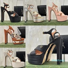 2023 designer luxury pure color Super high heels sandals familys womens Leather Casual elegant shoes ladys sexy chunky heels Hollow open toe waterproof sandal