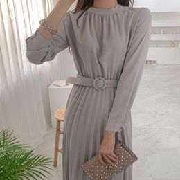 Casual Dresses Flectit Pleated Long Dress With Belt Sleeve Stand-Collar Maxi Women Autumn Winter Office Ladies Elegant Outfits