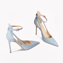 2023 Summer New Fashionable Womens Sandals Pointy Head Thin Heels Side Empty Straps Sexy Pumps Leather Shoes