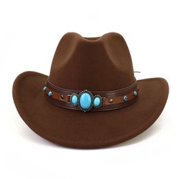 Western Cowboy Hat with Brown Belt Wide Brim Jazz Fedora Cowgirl Hats Ethnic Style Panama Top Cap Outdoor UV Protection