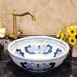 China Handmade Europe Vintage Style round Lavobo Ceramic wash basin Countertop blue and white Bathroom Sink Vgrej