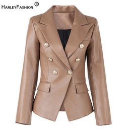 Jackets Harleyfashion New Design Khaki Pu Leather Jacket Double Breasted Slim Fiess Quality Casual Spring Women Blazers