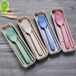 New 3pcs Portable Cutlery Set Eco Wheat Straw Knife Fork Spoon Cutlery Travel Outdoor Kitchen Tableware Dinnerware Lunch Cutlery Box