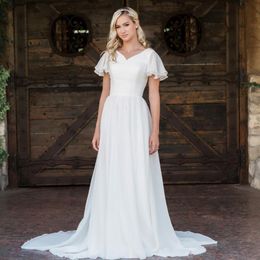 2020 New A-line Chiffon Boho Modest Wedding Dresses With Flutter Sleeves V neck Buttons Back Informal Beach Bridal Gowns Bohemian 297G