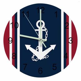 Wall Clocks Vertical Blue Red Stripe White Anchor Luminous Pointer Clock Home Ornaments Round Silent Living Room Decor