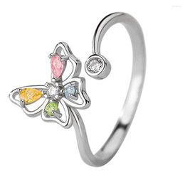 Cluster Rings Seulement 925 Sterling Silver Hollow Butterfly Ring Coloured Zircon Opening Adjustable Women's Little Girl Gift Fine