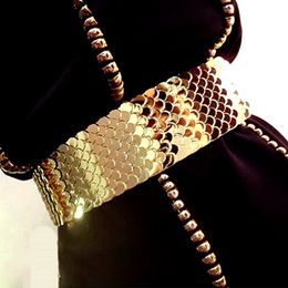 Belly Chains Belts Europe fashion female gold fish scale metal elastic wide girdle for women nightclub party shiny accessories waist belt waistband 230626