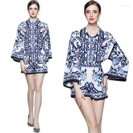 Women's Blouses Retro Floral Shirt And Shorts Summer Sets Flare Sleeve 2023 Women Designer Holiday Two Piece Birthday Casual Party Outfits