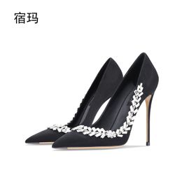 2023 New Suede Black Crystal Women Pumps Pointed Toe Rhinestone High Heels Fashion Stiletto Luxury Party Women Heels Shoes 10CM