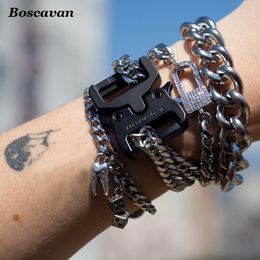 Bracelets Stainless Steel Chain Bracelet Cuff Punk Gothic Black Tactical Clip Chains Metal Handcuff Bracelets