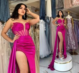 Plus Size Fuschia Sheath Prom Dresses Long for Women Sweetheart Beaded Sequined Draped Satin Side Split Formal Occasions Pageant Dress Evening Party Birthday Gown