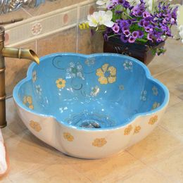 Handmade Primitive Style Porcelain Countertop Lavabo Bathroom Sink Wash Basin flower pattern Dwvlq