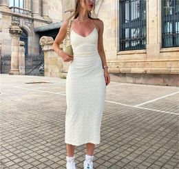 Casual Dresses Woman Elegant Summer Fall Fashion Vacation Party Backless Bodycon Dress Sleeveless Solid Robe Lacing Halterneck