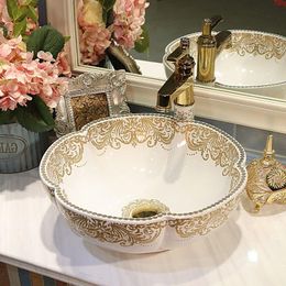 Luxurious gold pattern Counter top Bathroom Art Wash Sink bathroom sinks sink handmade wash basin flowergood qty Uqfnu