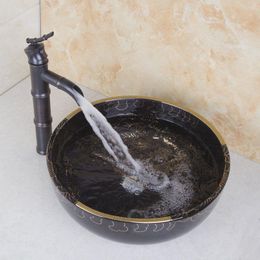 New Black Top High Quality Ceramic Black With peony Pattern wash basin sinks bowl Bamboo Hot And Cold Copper Tap Rkmkl