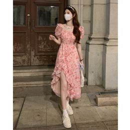 Women's flower print short sleeve chiffon ruffles patched asymmetric irregular midi long dress SMLXLXXL