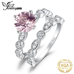 Solitaire Ring JewelryPalace 2 Pcs 925 Sterling Silver Ring for Woman 3ct Created Pink Morganite Sapphire Wedding Engagement Infinity Ring Sets 230626