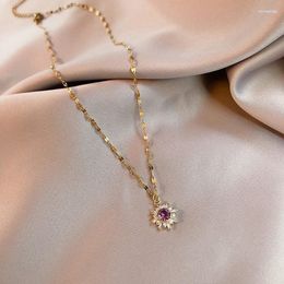 Chains Luxury Zircon Flower Necklace Women's Stainless Steel Clavicle Chain Artificial Purple Crystal Pendant Simple Jewellery Lip