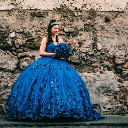 Blue Bling Sequin Sweet 16 Quinceanera Dresses with 3DFlower Applique Beads Corset Dress Vestidos De 15 Anos Masquerade xv Dress