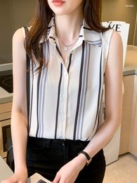 Women's Blouses Women's Stripe Summer Women's Shirt Chiffon For Women Sleeveless Basic Elegant Female Clothing Button Up Womens