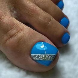 False Nails 24pcs Geometry French Fake Toenails Short Square Blue Toe Glitter Design Full Cover Foot Tips For Women