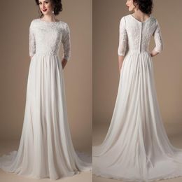 Ivory Champagne Modest Wedding Dresses With 3 4 Sleeves Beaded Lace A-line Chiffon Boho Informal Bridal Gown LDS Religious Wedding226A