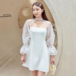 Casual Dresses 2023 Elegnat Women Dress Sexy Hollow Out Round Neck Bow Ruffle Flare Sleeve Slim Fit Girl Pink Black White Summer