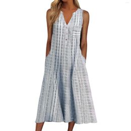 Casual Dresses Women's Summer Pocket V-Neck Stripe Sleeveless Dress Female Fashion Loose Beach