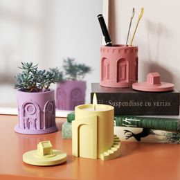 Arts and Crafts Nicole Architectural Candle Jar Silicone Mold with Lids Concrete Pantheon Container Making Mould DIY Storage Box Home Dec 230625