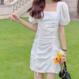 Casual Dresses 2023 Summer Fashionable Style Waist Slim Sweet Cool French Square Neck Bubble Short Sleeve Dress Women's Trend H432