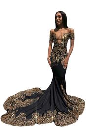 Sexy African Black Prom Dresses Gold Appliques Sequins V Neck Short Sleeve Mermaid Party Dress Court Train Evening Gowns