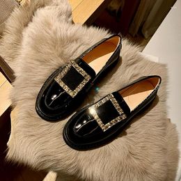 Sandals Black Women Metal Square Buckle Summer Shoes Shiny Rhinestone Flats Comfortable Round Toe Loafers Zapatillas Muje