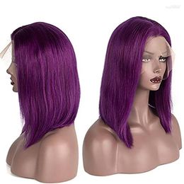 Dark Purple Short Bob Wig Coloured Straright 13x4 Free Part Lace Front Human Hair Glueless Blunt With Baby