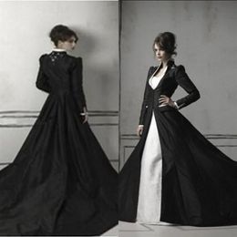 Gothic Black and White Mermaid Wedding Dresses with Long Sleeves Coat Sweetheart Trumpet Chapel Train Satin and Lace Bridal Gowns 2246