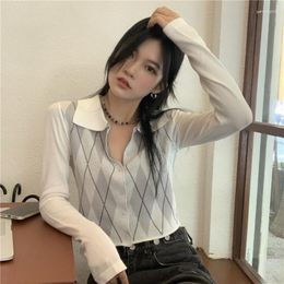 Women's Knits Autumn Retro Knitted Women Rhombus Plaid Short Section Polo Collar Long Sleeve Cardigan Sweater