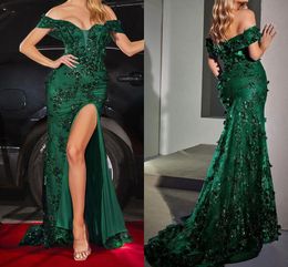Green Sexy Hunter Mermaid Prom Dresses Long For Black Women Plus Size Off Shoulder Applique High Side Split Formal Ocn Evening Birthday Club Party Pageant Gowns mal
