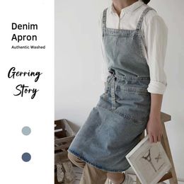 Aprons Gerring Denim Canvas Apron Thick Washed Household Kitchen Work Uniform Japanese Apron For Sellers Coffee Shop Aprons 230625