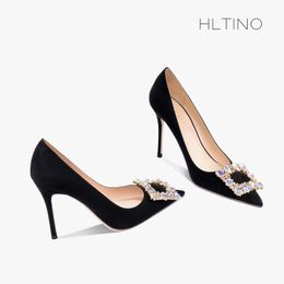 2023 New Black Leather Rhinestone Women Pumps Suede High Heels Shoes Fashion Office Shoes Stiletto Party Female Shoes 8cm 10cm43