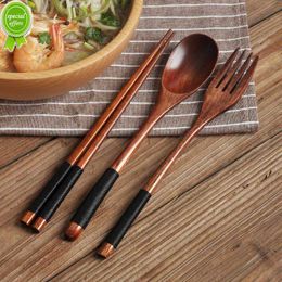 New 3pcs/set Wooden Tableware Set Reusable Cake fork spoon dumpling Japan Noodle sushi chopsticks kitchen Cutlery Accessories
